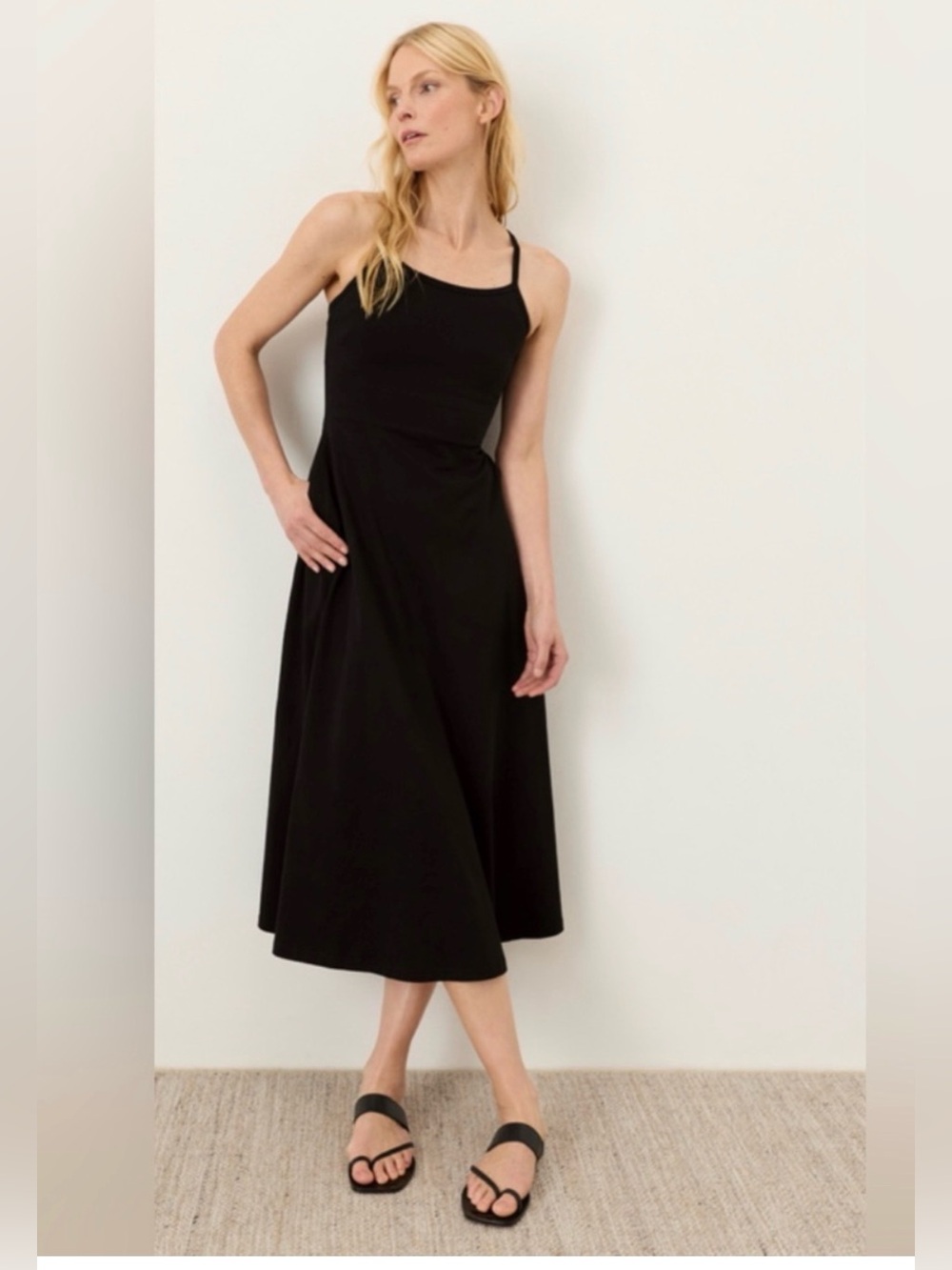 Pact Women’s Organic Cotton Sz L Black Effortless Strappy Minimalist Midi Dress